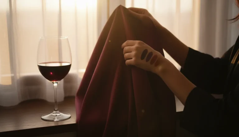 Bordowa satynowa tkanina uniesiona do okna obok kieliszka wina - test odcienia do makijażu do bordowej sukienki