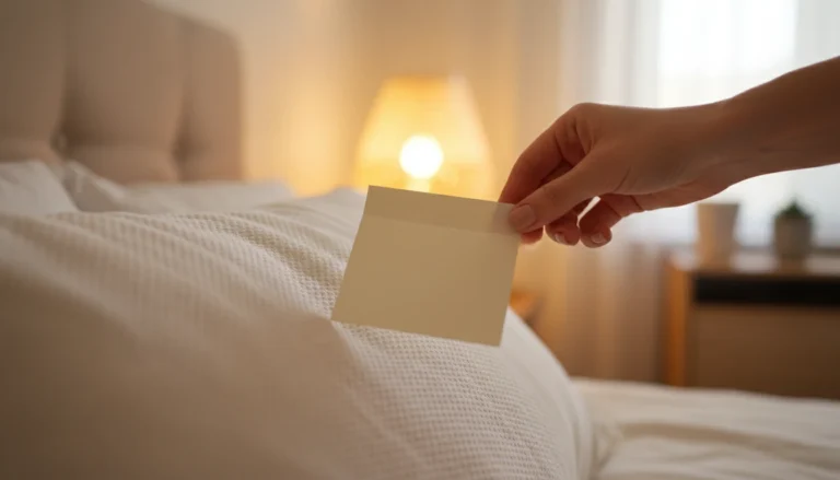 Dłoń kładąca odręczną karteczkę na dobranoc na poduszce w ciepłym świetle lampki wieczorem