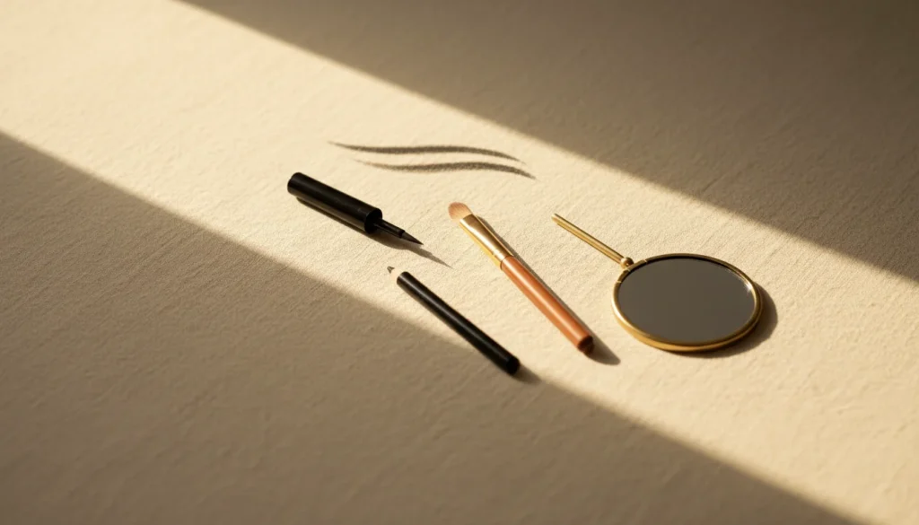 Czarny eyeliner w pisaku, kredka do oczu, skośny pędzelek i okrągłe lusterko w ciepłym świetle - zestaw do makijażu kocie oko