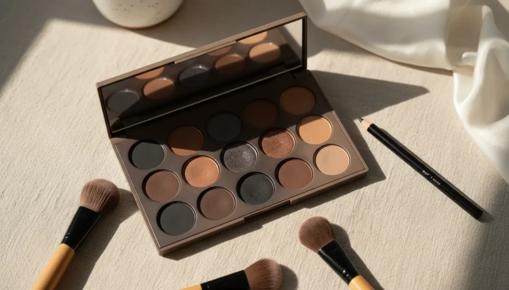 Paleta cieni w dymnych odcieniach szarości i brązu z pędzlami do makijażu smoky eye w porannym świetle